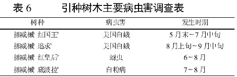 表6    引種樹木主要病蟲害調查表
